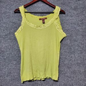 Lena Jeans Women Fitted Lace Trim Tank Top Size L Green Ribbed Stretch Y2K Bella